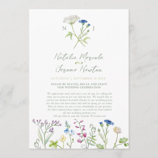 Programme de mariage vert fleur sauvage aquarelle (Devant)