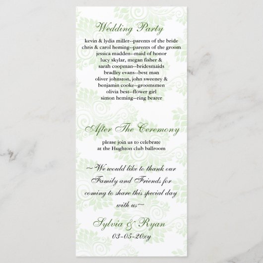 Programme de mariage vert monogramme (Dos)