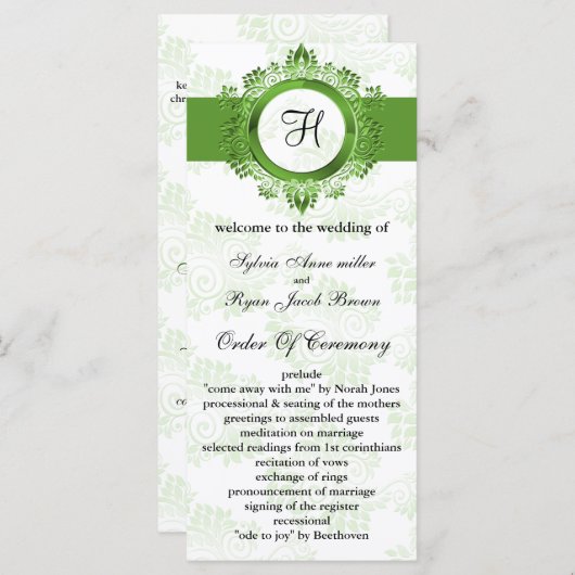 Programme de mariage vert monogramme (Devant / Derrière)