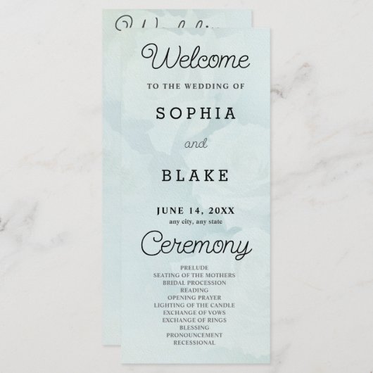 Programme de mariage vert pâle aux roses blanches (Devant / Derrière)