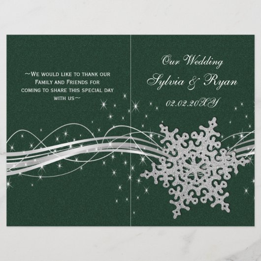 programme de mariage vert Silver Snowflakes plié (Devant)