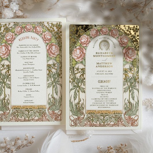 Programme de mariage vintage aux pivoines dorées