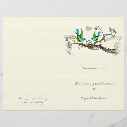 Programme de mariage vintage oiseaux bleu et vert (Devant)