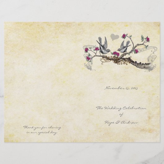 Programme de mariage vintage oiseaux fuchsia et gr (Devant)