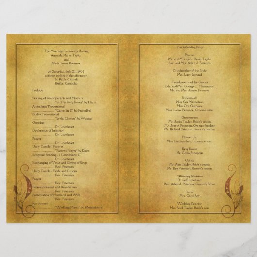 Programme de mariage vintage personnalisable (Dos)