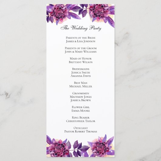 Programme de mariage violet. Cérémonie des fleurs  (Dos)