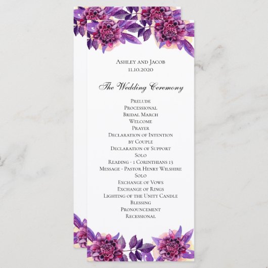 Programme de mariage violet. Cérémonie des fleurs  (Devant / Derrière)