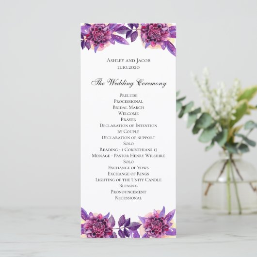 Programme de mariage violet. Cérémonie des fleurs  (Debout devant)