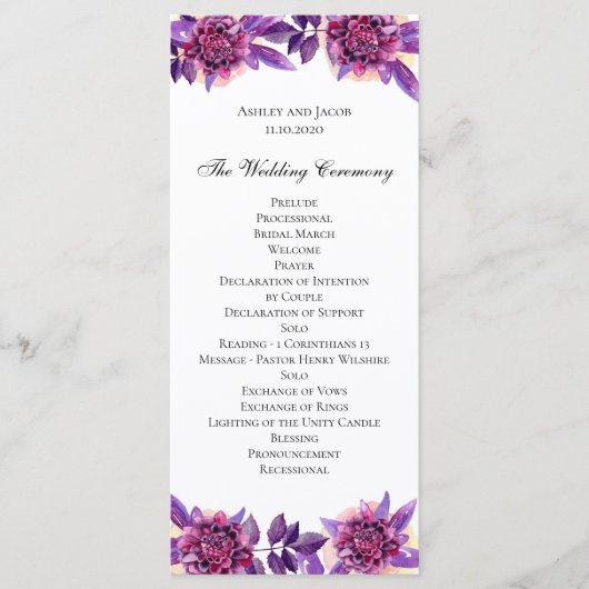Programme de mariage violet. Cérémonie des fleurs (Devant)