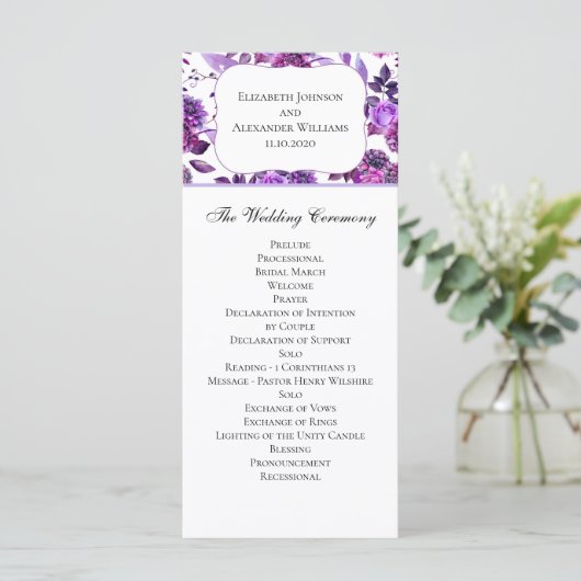 Programme de mariage violet. Cérémonie florale aqu (Debout devant)