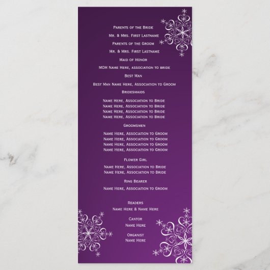 Programme de mariage violet de flocon de neige d'h (Dos)