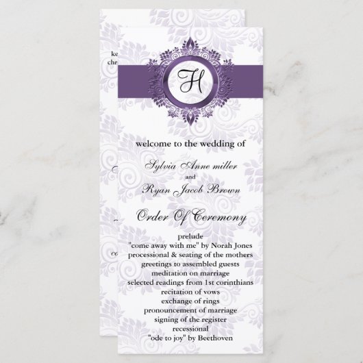 Programme de mariage violet monogramme (Devant / Derrière)