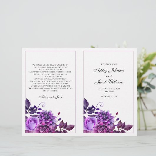 Programme de mariage violet plié. Cérémonie de l'é (Debout devant)