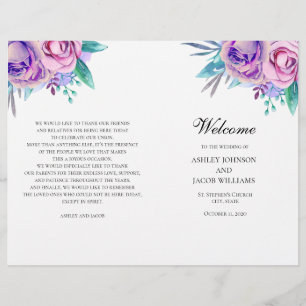 Programme de mariage violet plié. Fleurs Lilac