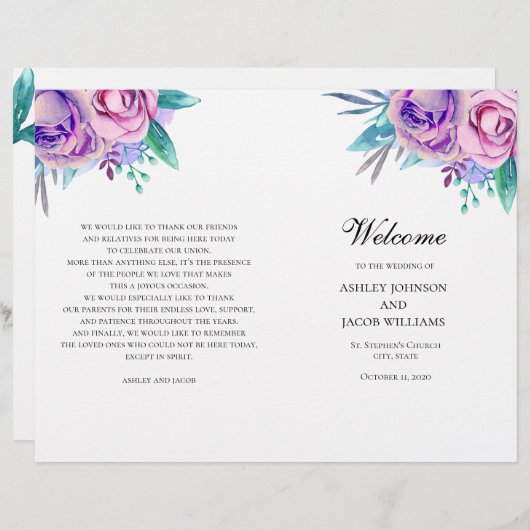 Programme de mariage violet plié. Fleurs Lilac (Devant / Derrière)