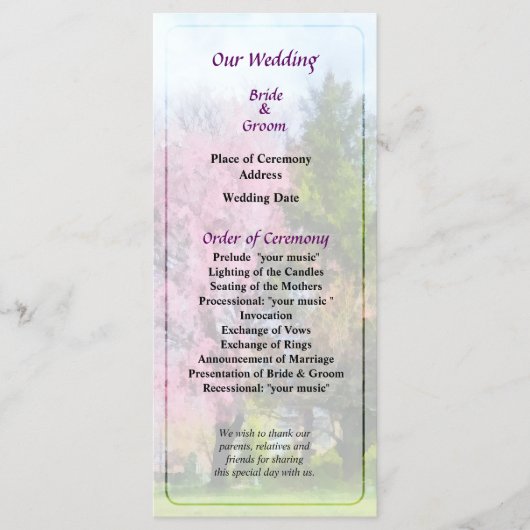 Programme de mariage Weeping Cherry et Evergreen (Devant)