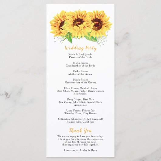 Programme de mariage Yellow Sunflower Aquarelle Fl (Dos)