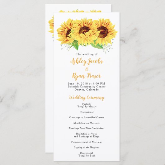 Programme de mariage Yellow Sunflower Aquarelle Fl (Devant / Derrière)