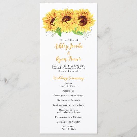 Programme de mariage Yellow Sunflower Aquarelle Fl (Devant)