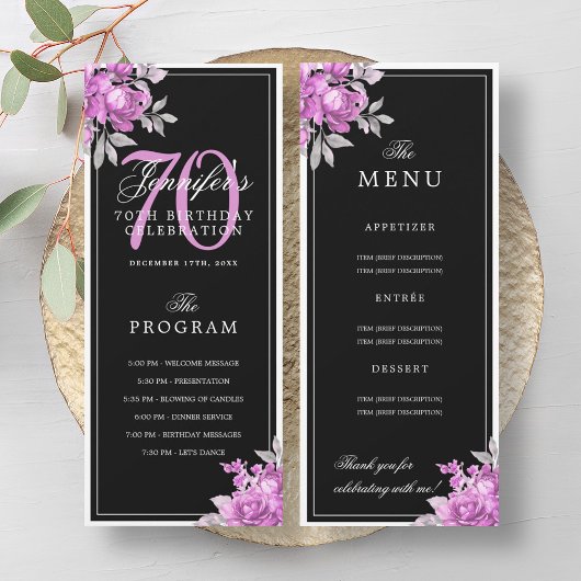 Programme de menu d'anniversaire 70 ans Fleurs ros