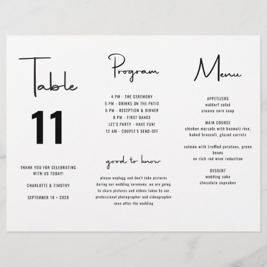 Programme de menu de mariage à script minimaliste  (Devant)