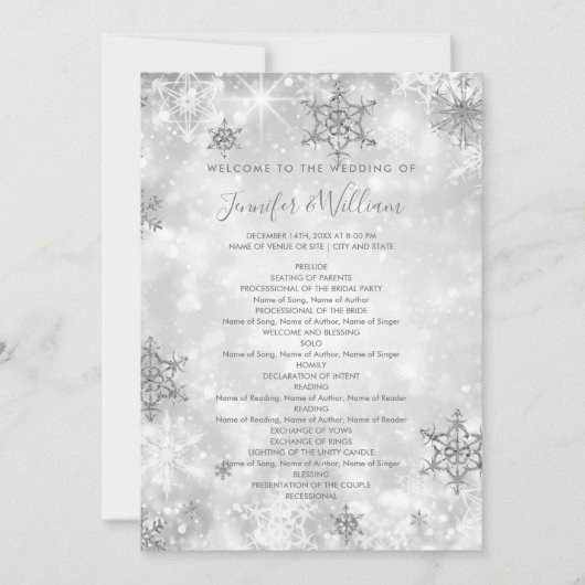 Programme de menu de mariage d'hiver en argent de  (Devant)