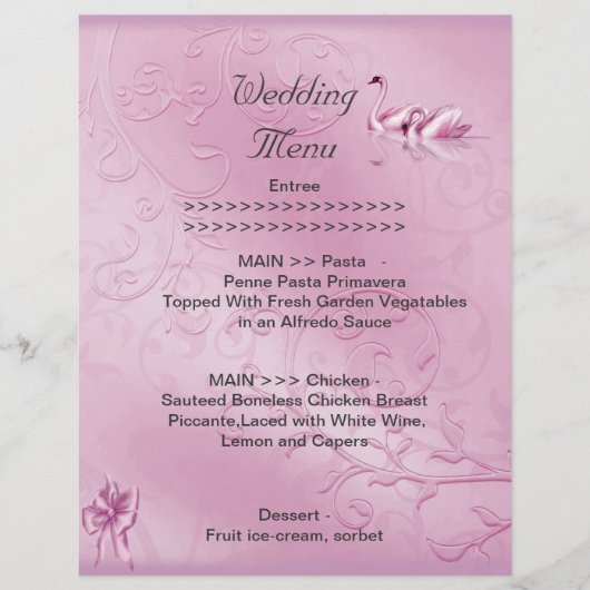 Programme de menu de mariage ensemble rose cygnes (Devant)