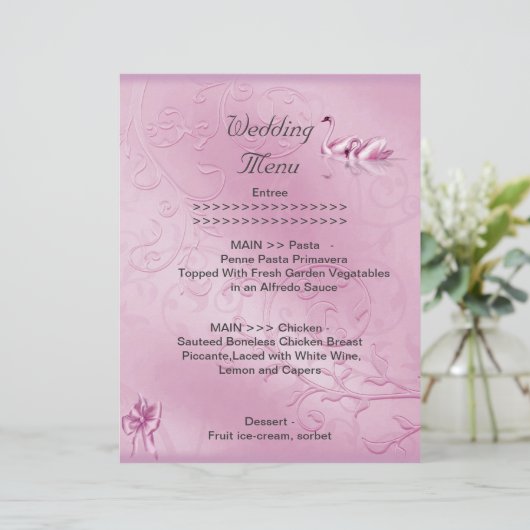 Programme de menu de mariage ensemble rose cygnes (Debout devant)
