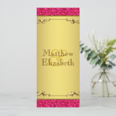 Programme de menu de mariage rose chaud et or (Debout devant)