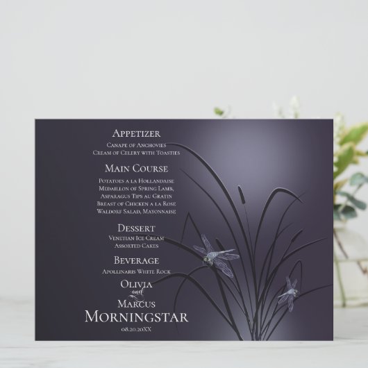 Programme de menu mariage | Dusty Plum Dragonfly (Debout devant)