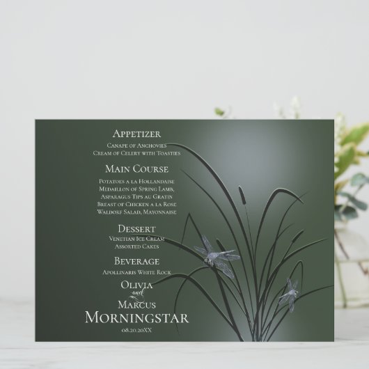 Programme de menu mariage | Sage Green Dragonfly (Debout devant)