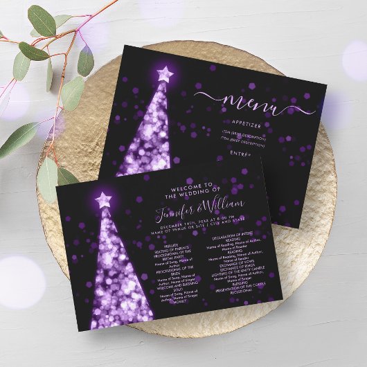 Programme de menu Mariage violet de l'arbre de Noë
