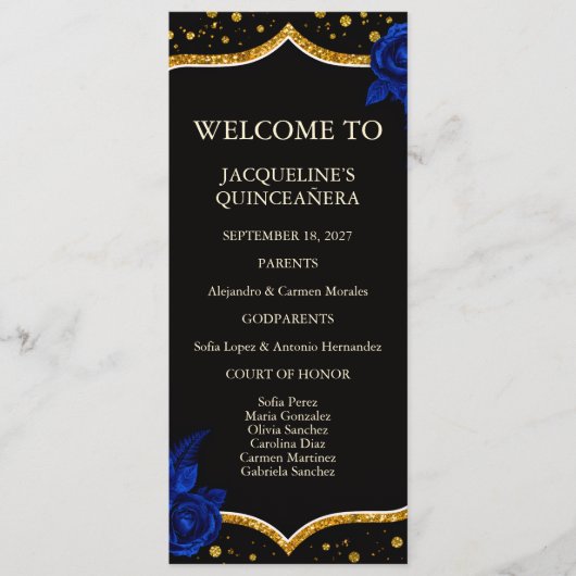 Programme de Quinceanera Floral Bleu Royal Or (Devant)