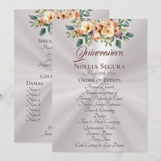 Programme de Quinceañera Floral Crème - Blanc Perl (Devant / Derrière)
