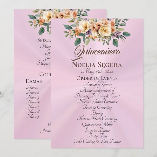 Programme de Quinceañera Floral Crème - Rose Pâle (Devant / Derrière)