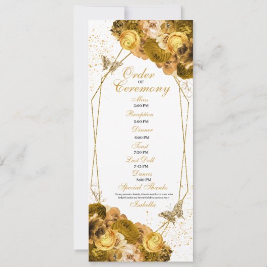 Programme de Quinceanera Floral Or (Dos)