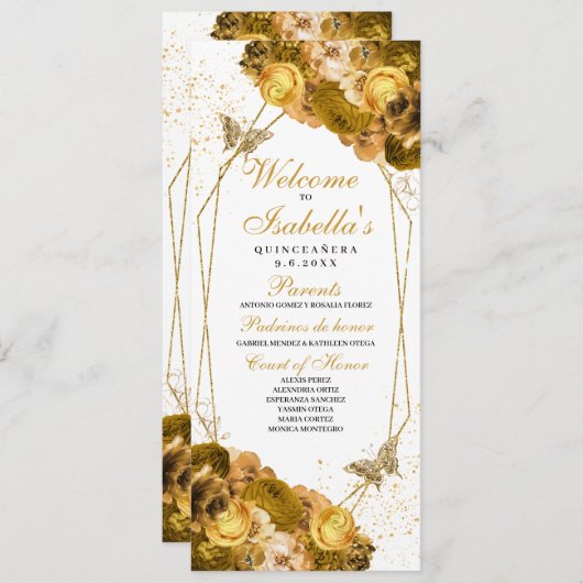 Programme de Quinceanera Floral Or (Devant / Derrière)