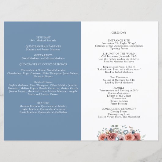 Programme de Quinceanera Florale Bleu et Blush (Dos)