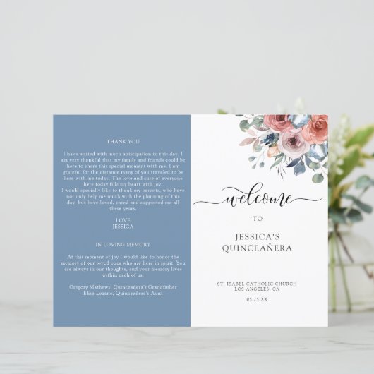 Programme de Quinceanera Florale Bleu et Blush (Debout devant)