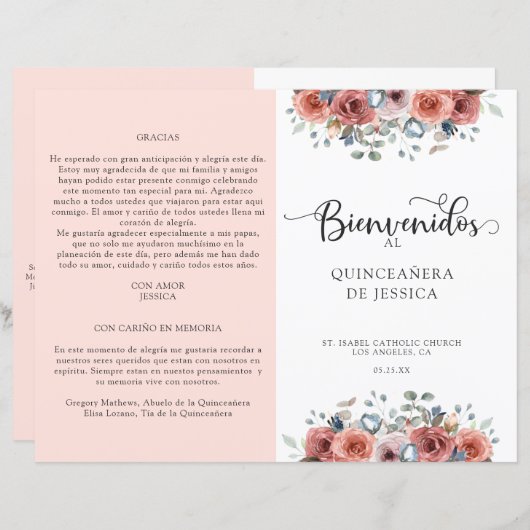 Programme de Quinceanera Florale Espagnol, Bleu et (Devant / Derrière)