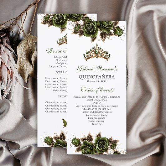 Programme de Quinceañera Roses Dorées Vert Émeraud