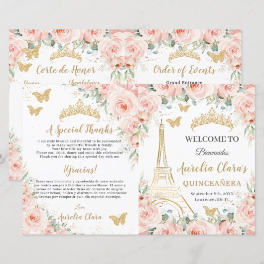 Programme de Quinceañera XV Floral Paris Eiffel (Devant / Derrière)