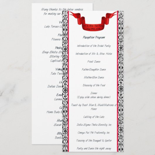 Programme de réception de mariage en damassé (Devant / Derrière)