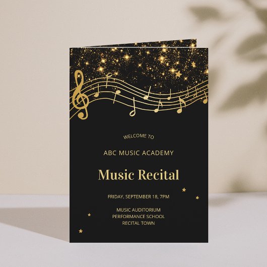 Programme de récital de musique élégant noir et or