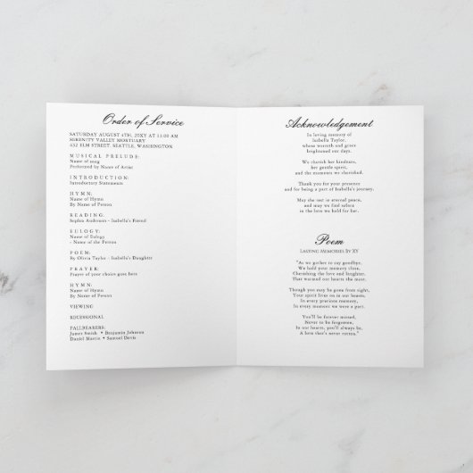 Programme de service funèbre pour une simple céléb (Intérieur)