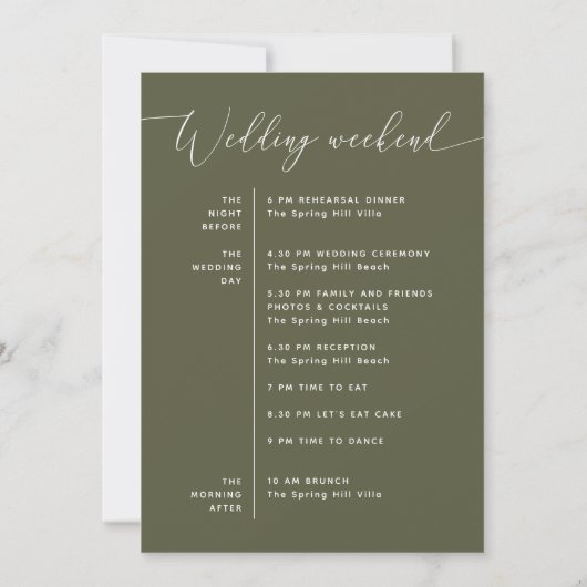Programme de week-end de mariage moderne vert oliv (Dos)