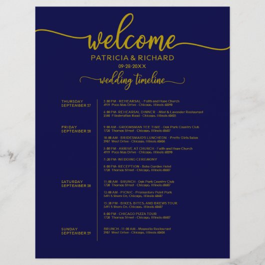 Programme de week-end de mariage sur 4 jours bleu  (Devant)