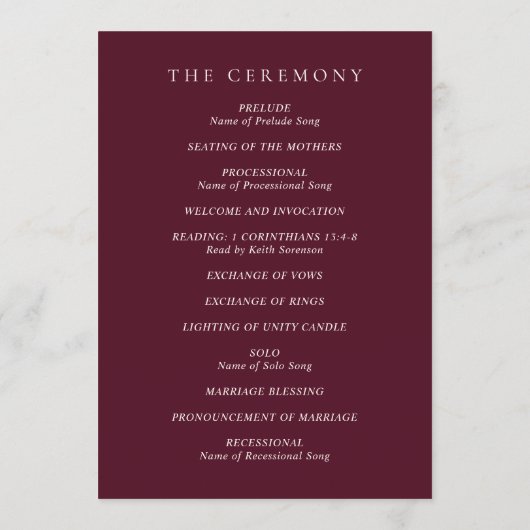 Programme Deep Burgundy Elegant Classic Wedding (Dos)
