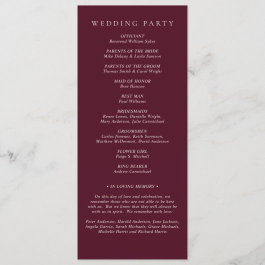 Programme Deep Burgundy Elegant Classic Wedding (Dos)
