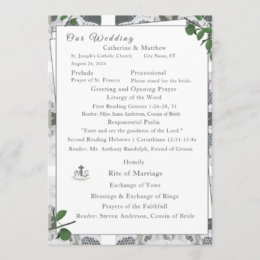 Programme Dentelle blanche et messe nuptiale Rose Feuille (Devant)